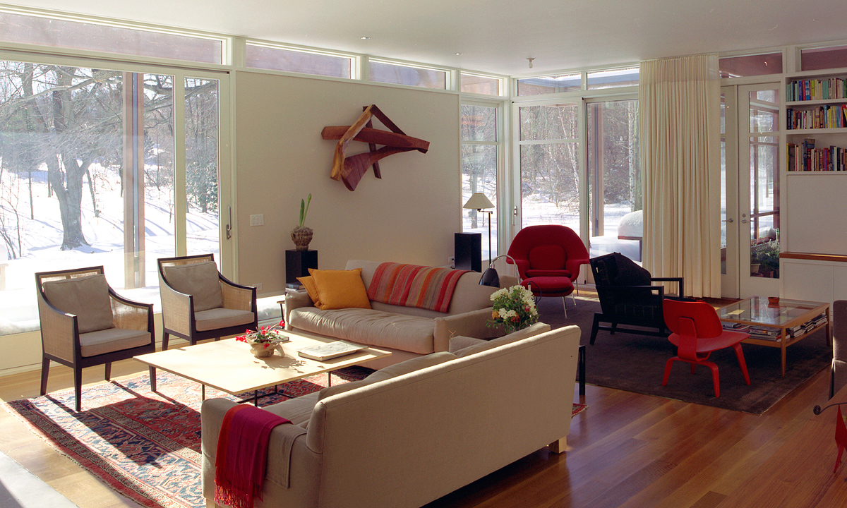 living room interior with views out to nature, modern house, Greater Boston, MA
