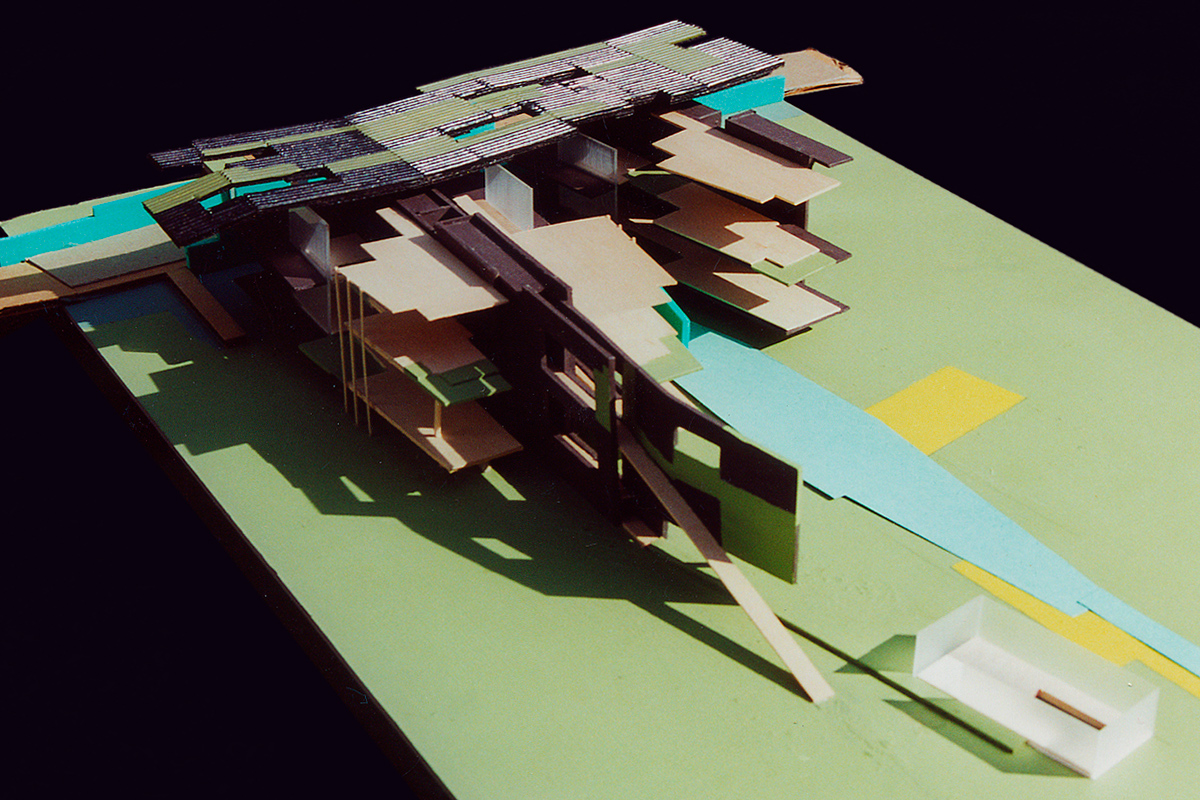 wood and painted cardboard model of housing units,  proposed urban development over former salt marshes, Oshio, Japan