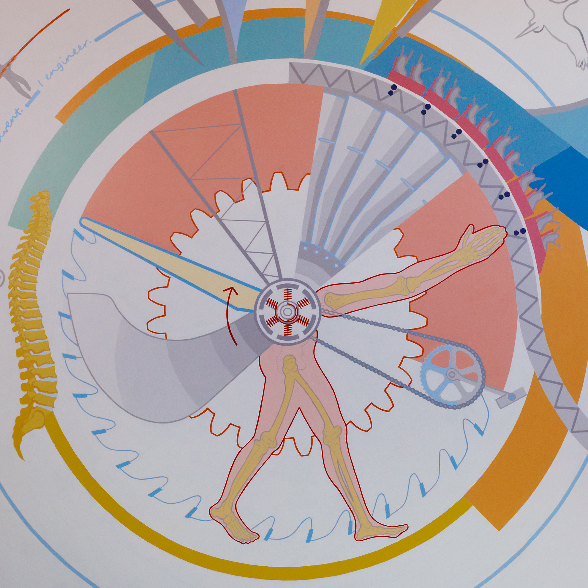 Zoom in on central round part of mural where things rotate around a motor: 
                                                            a turbine blade, a truss, the blades of a jet engine, an arm, a bike gear, legs, and a propeller plane blade.
                                                            A big human spine is one the right, and a gear and saw blade in the background. 
                                                            The rollercoaster is on the top right.
                                                            Colors are in the yellow, orange, pink, with blues and green-blues of the beginning of the wave above.