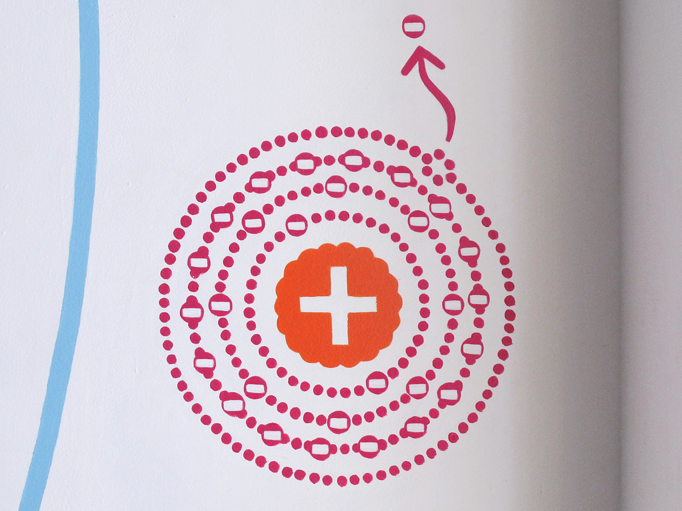 Zoom in on diagram of a copper atom, in magenta and orange.