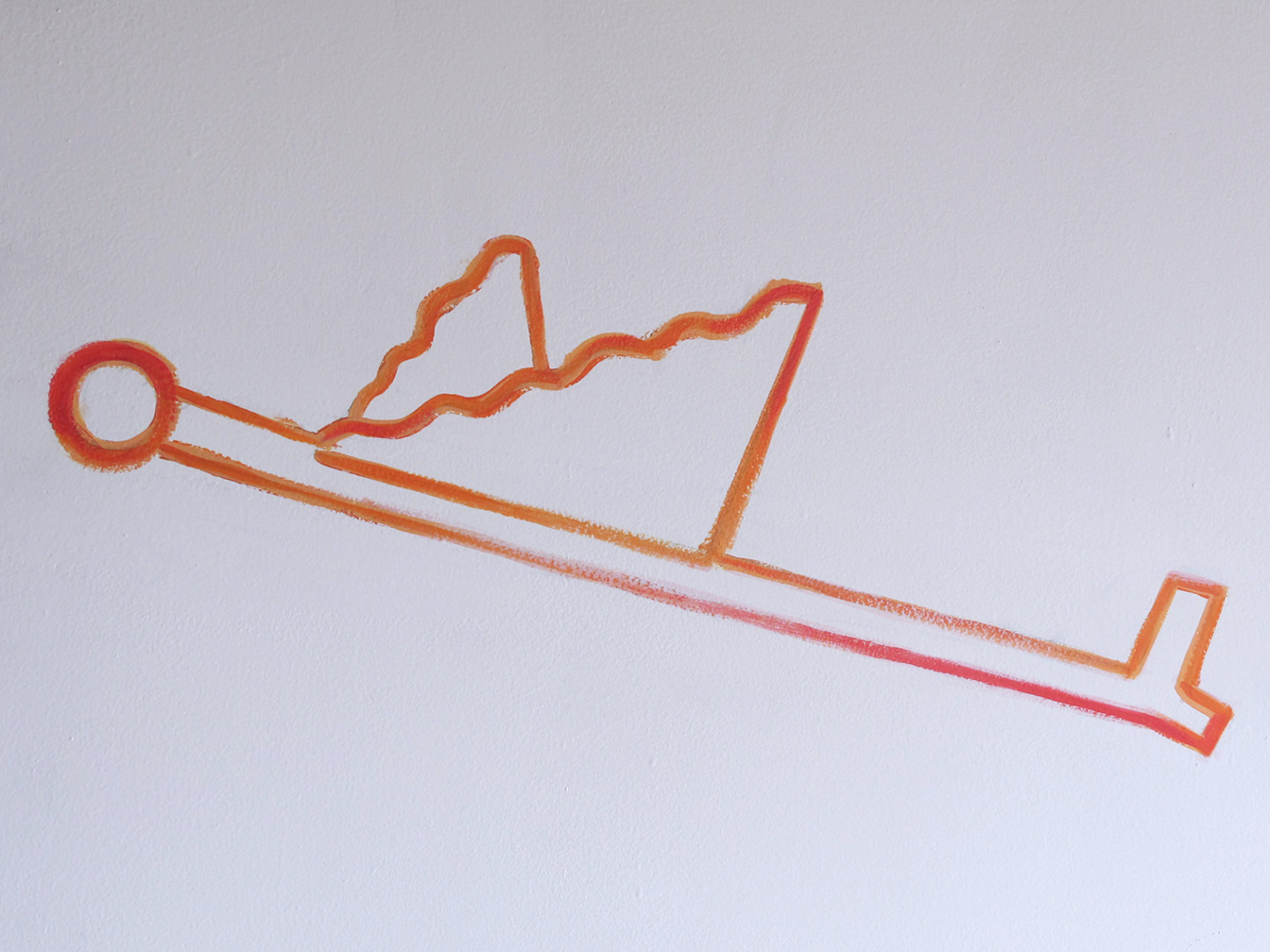 Zoom in on a paper airplane, as an orangish-red line-painting.