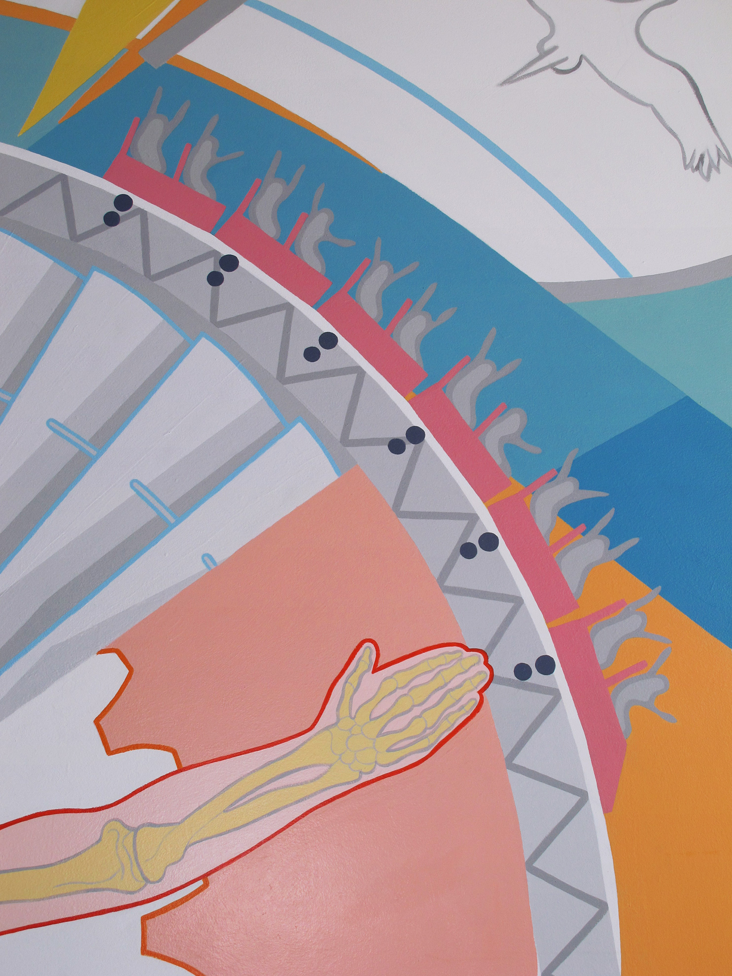 Zoom in on pink rollercoaster, with abstract blobby grey people on it, and a grey truss supporting it.
                                Parts of a the jet turbine and arm showing interior skeleton bones also show.