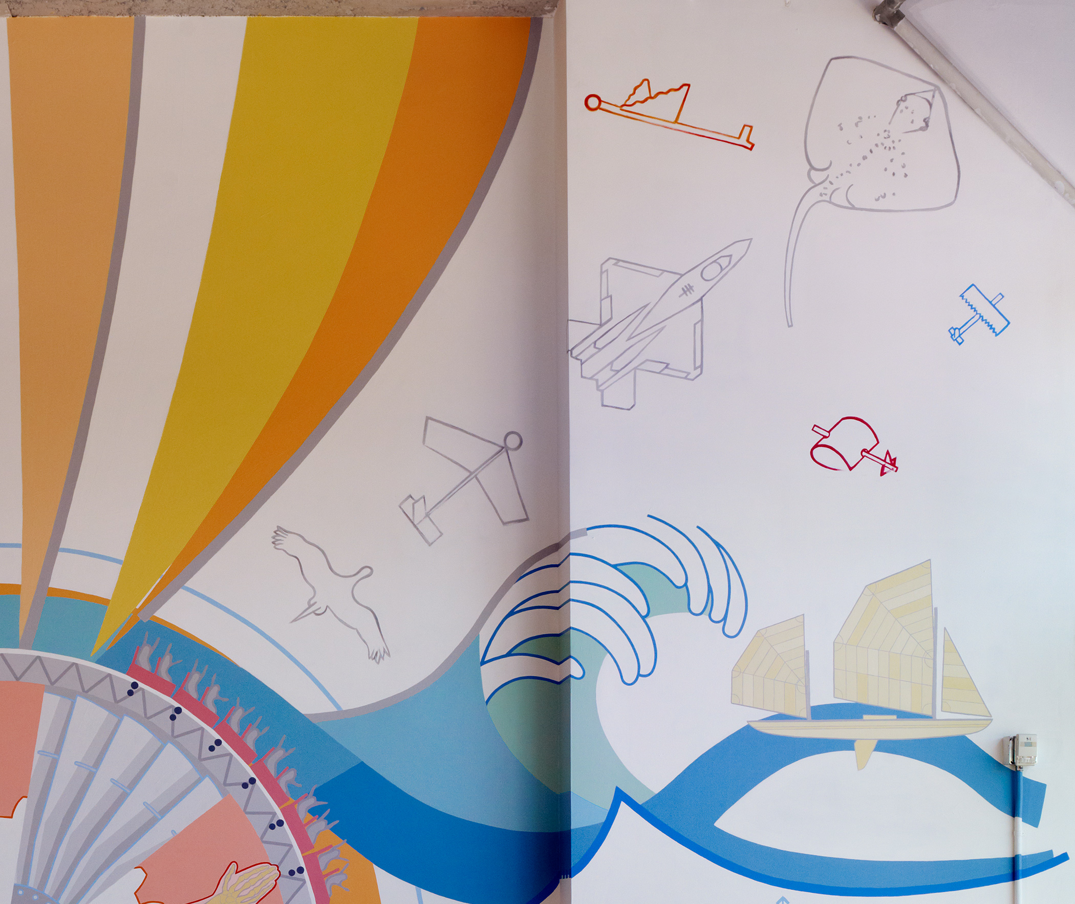 Zoom in on area of mural with the progressive grey line paintings of a bird, a paper airplane, a fighter jet, and a stingray in a diagonal line up,
                                                            with the yellow and orange parts of the big balloon on the left., and a big greenish-blue wave chasing a yellowish sailing canoe below.