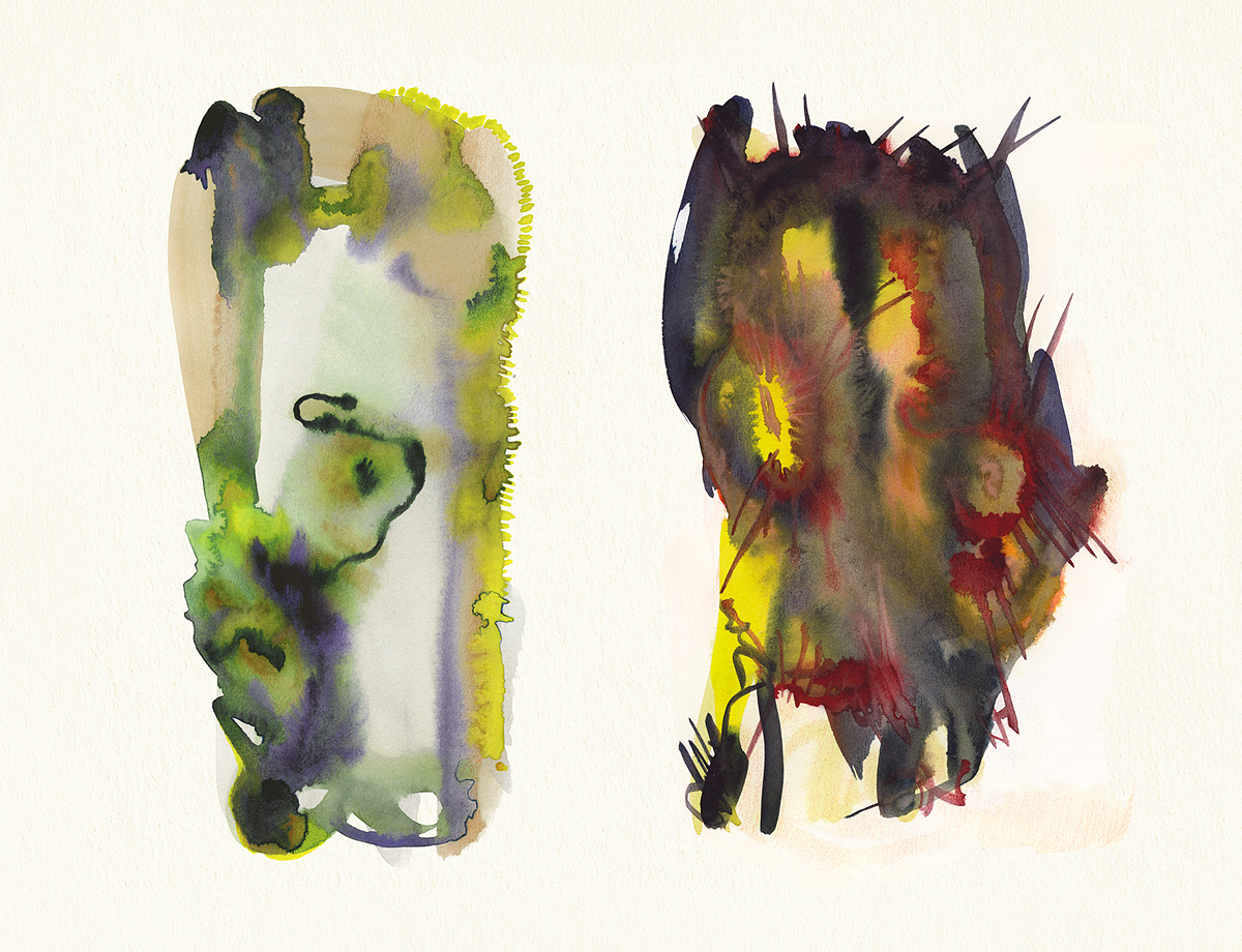 L: Fungus Face, R: Defaced, abstract biomorphic watercolor landscapes