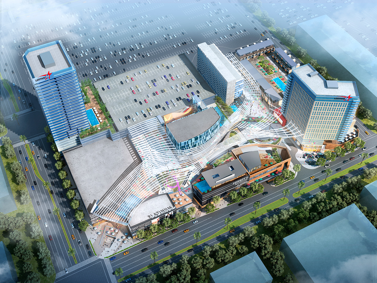 3D aerial rendering, mixed-use architecture project in Anaheim, California