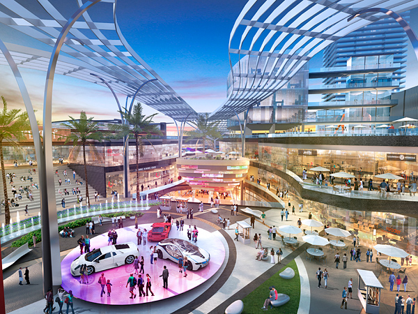 3D rendering of outdoor retail center internal public space, mixed-use architecture project in Anaheim, California
