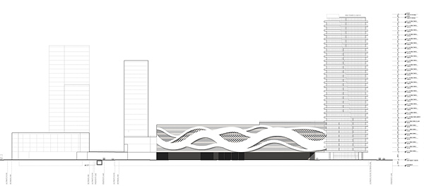 river-themed design for parking structure cover, mixed-use architecture project in Anaheim, California