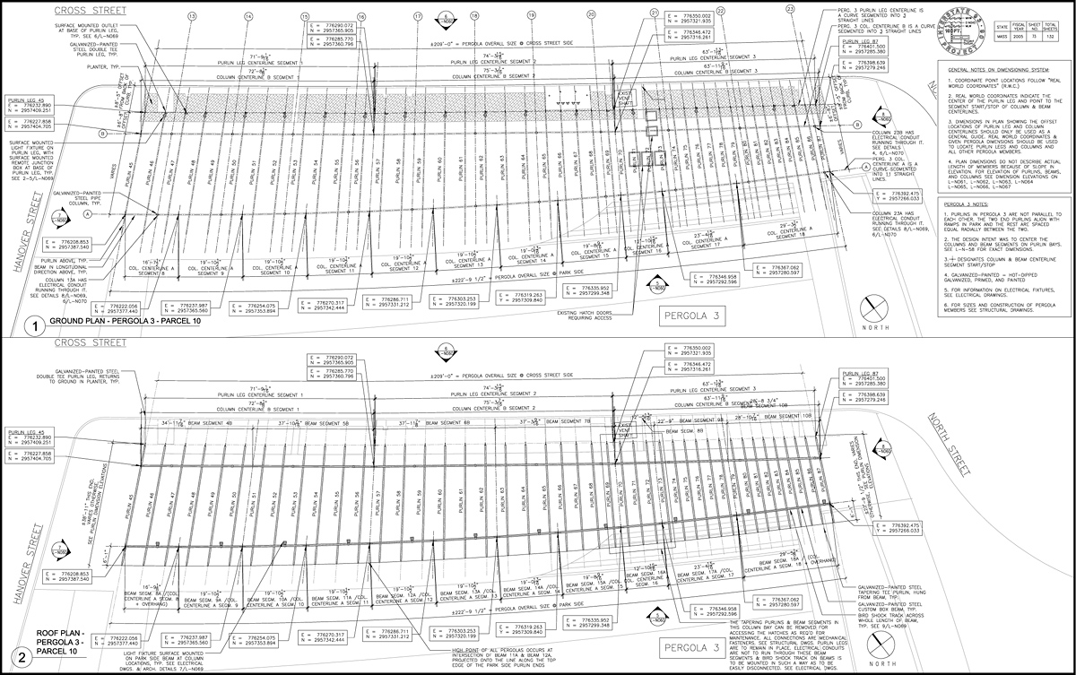 plan drawings of large pergola, North End Parks, Downtown Boston