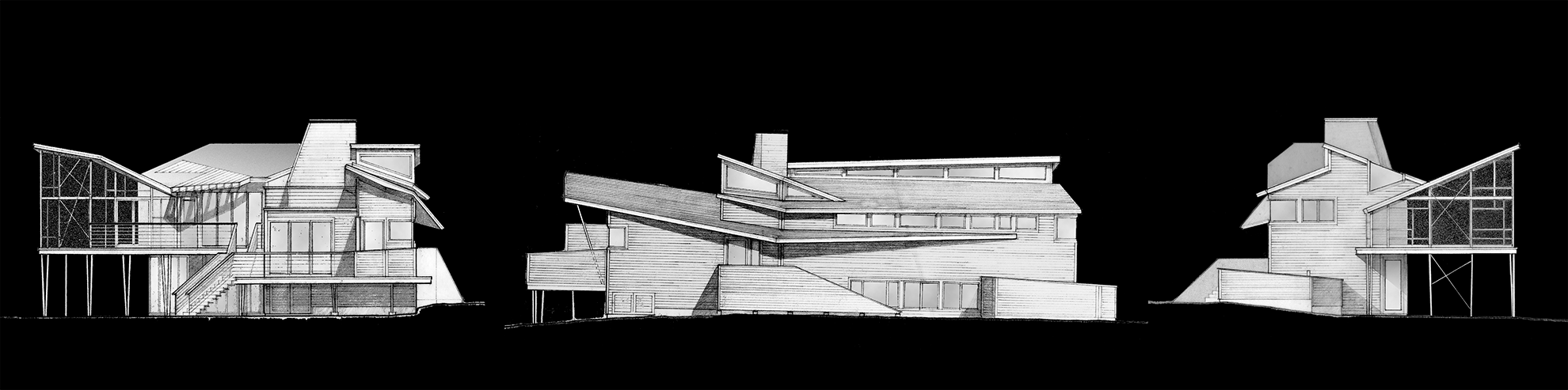 Three hand-drafted pencil elevation renderings set against a black background show the complexity of the angled roofs.