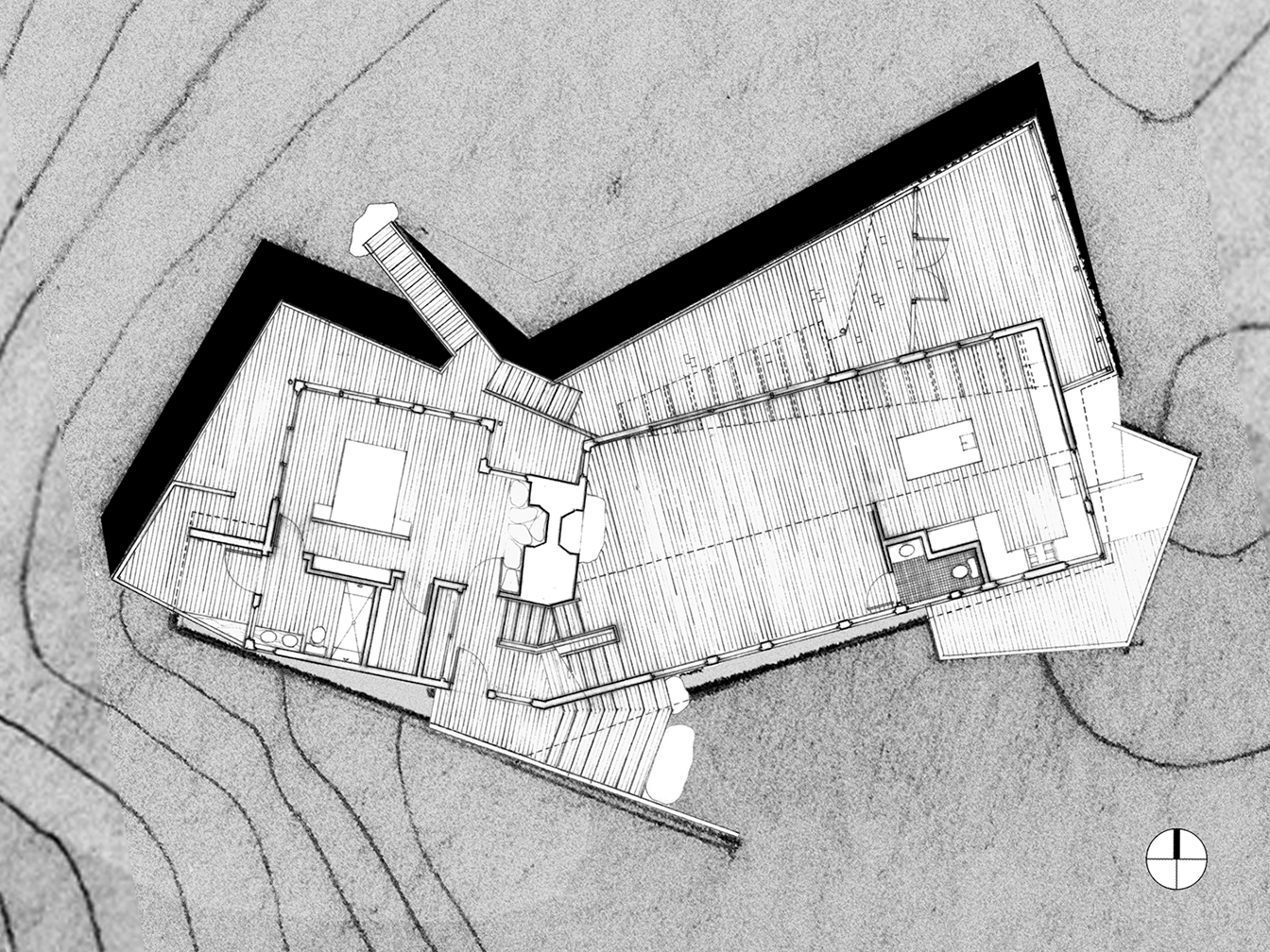 Hand-drafted and shaded plan of house shows how bedroom and living spaces pivot in angled directions about the central chimney.