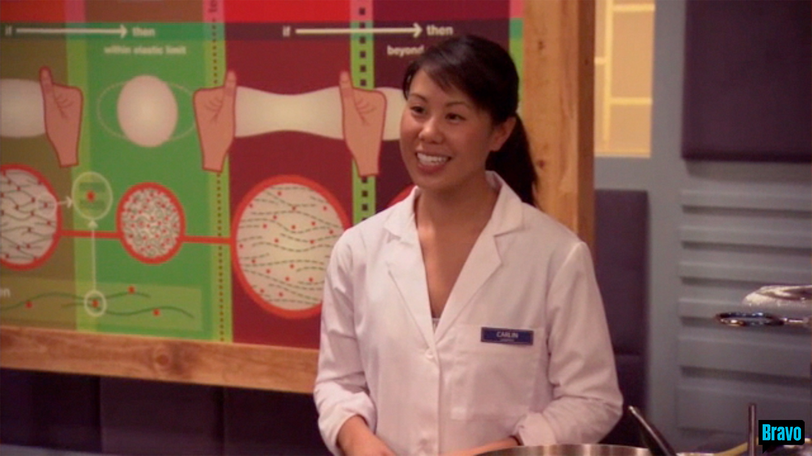 Zoom in on biochemistry PhD student Carlin Hsueh&rsquo;s upper body, smiling while talking to someone behind the camera,
                                                                                    hands down in front, standing in front of the large ELASTCITY illustration framed in stained pine, 
                                                                                    on the set of Bravo TV&rsquo;s Top Chef Masters &ldquo;Blinded Me with Science&rdquo; episode.