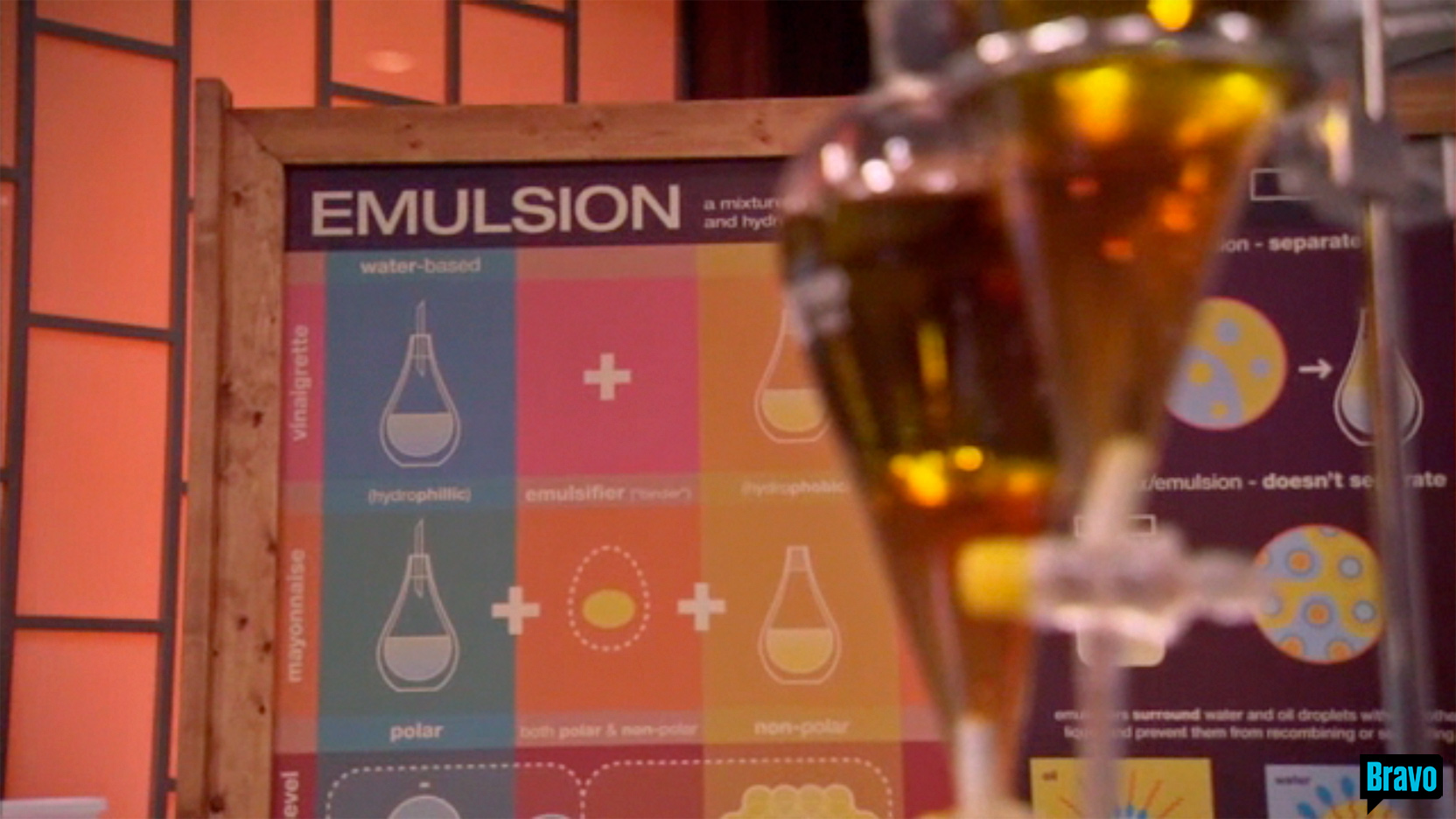 Camera zoom in on illustration on emulsion showing water, egg, and oil ingredients, 
                                                                                        on the set of Bravo TV&rsquo;s Top Chef Masters &ldquo;Blinded Me with Science&rdquo; episode.