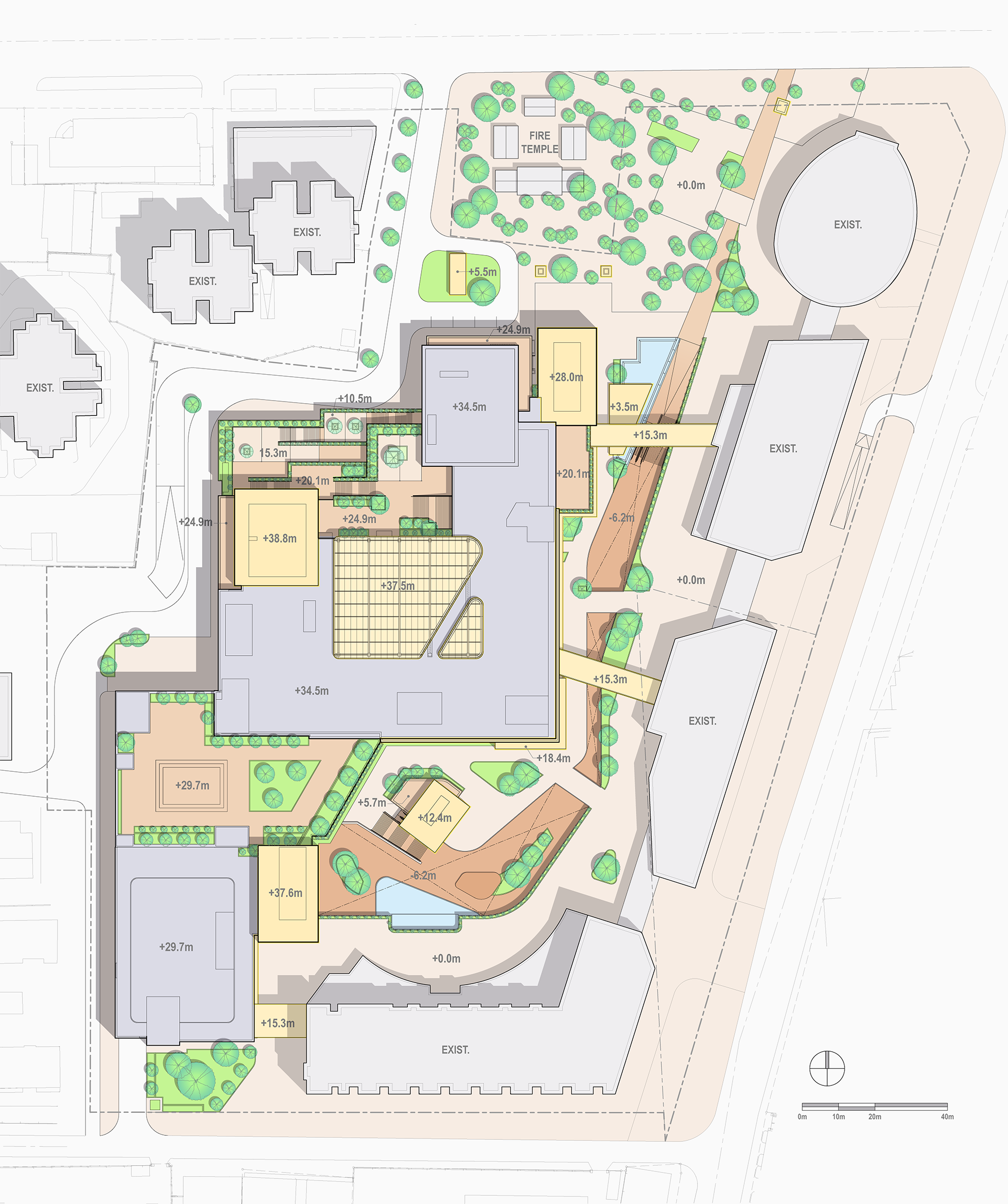 Colored roof plan of the 8 level mixed-use center showing how it terraces down on many sides, with rooftop plazas and grand stairways, 
                                                        and how the outdoor plaza on the basement floor is exposed to the sky, snaking into the shopping center from the north.