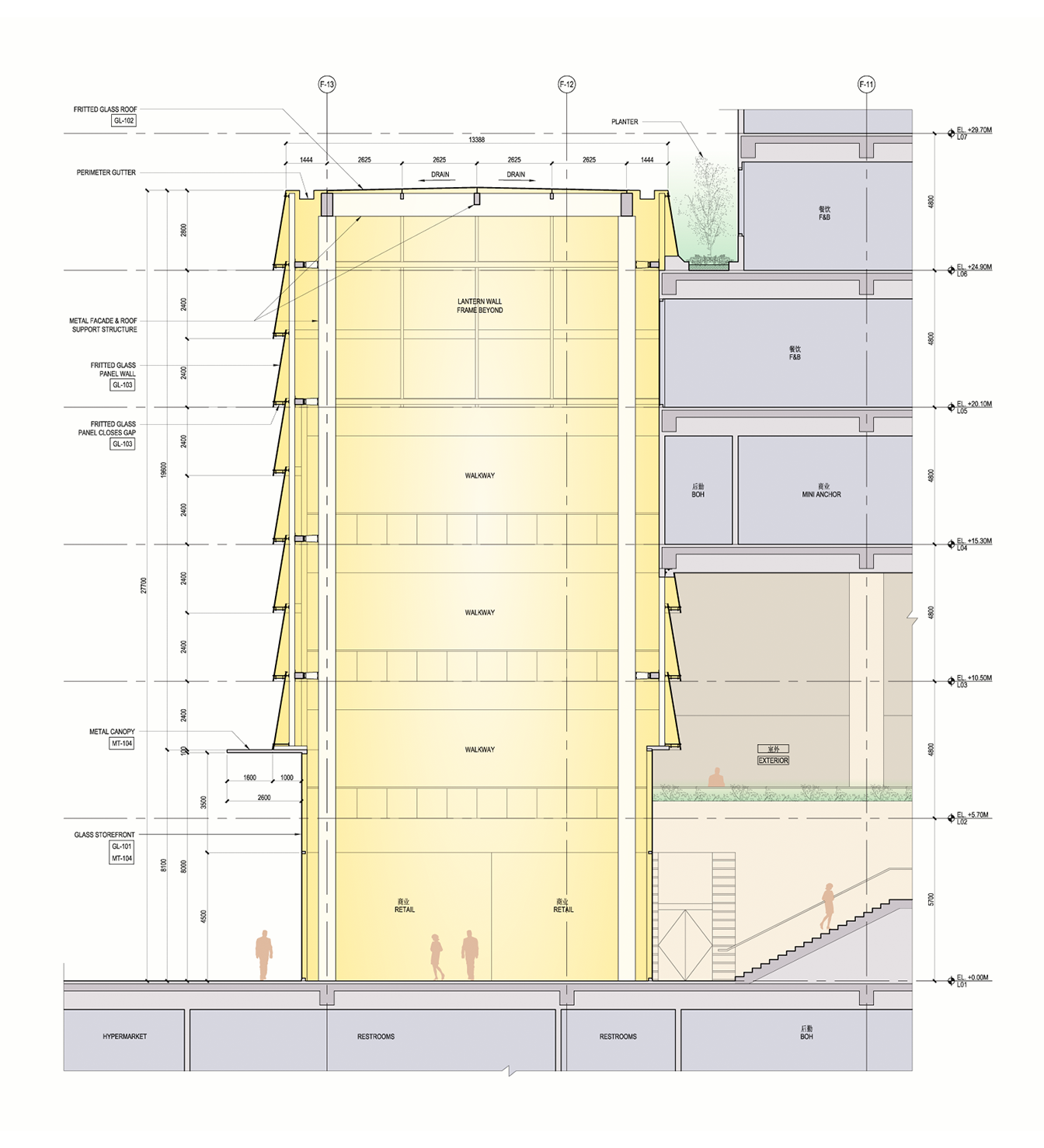 A colored building section through the entrance five-story glass atrium &ldquo;lantern&rdquo;.