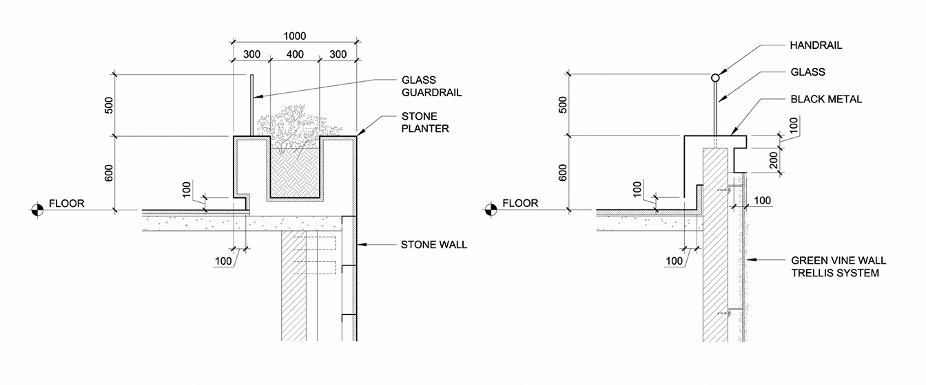 Two section details of the materials of the green stepping terraces: stone, metal, and vine-supporting structures.
