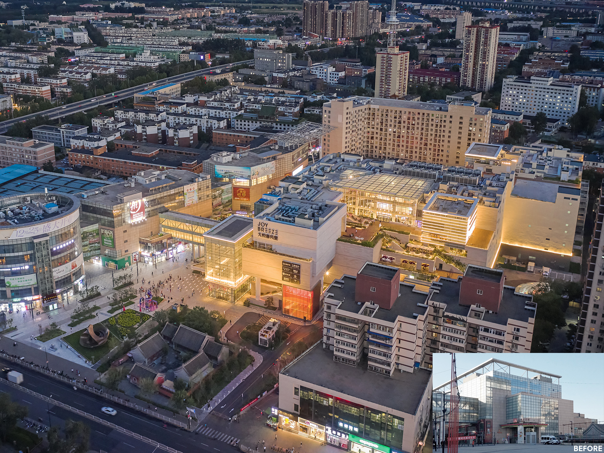 Aerial view of the large conglomerate mixed-use center, with terraces at many levels and large glass &ldquo;lanterns&rdquo; at many levels throughout 
                                                            &ndash; all glass spaces and/or skylights &ndash; as well as several glass bridges, which glow to brighten and modernize the old heavy shopping center.
                                                            In the lower right corner is overlapped a photo showing the heavy pink concrete shopping center before renovation.