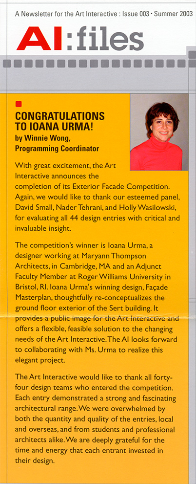 Announcement in the AI:Files newsletter of the Art Interactive gallery entitled “Congratulations to Ioana Urma” about her winning their design competition, which includes a headshot of her.