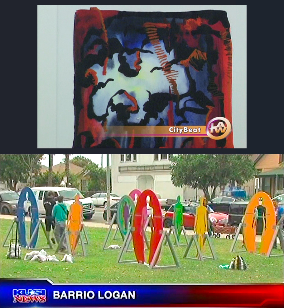 Screenshots from newsfootage on two of Ioana Urma’s art installations: Watercolors on LA City Beat (above) and “My Model Body” on KUSI San Diego (below)