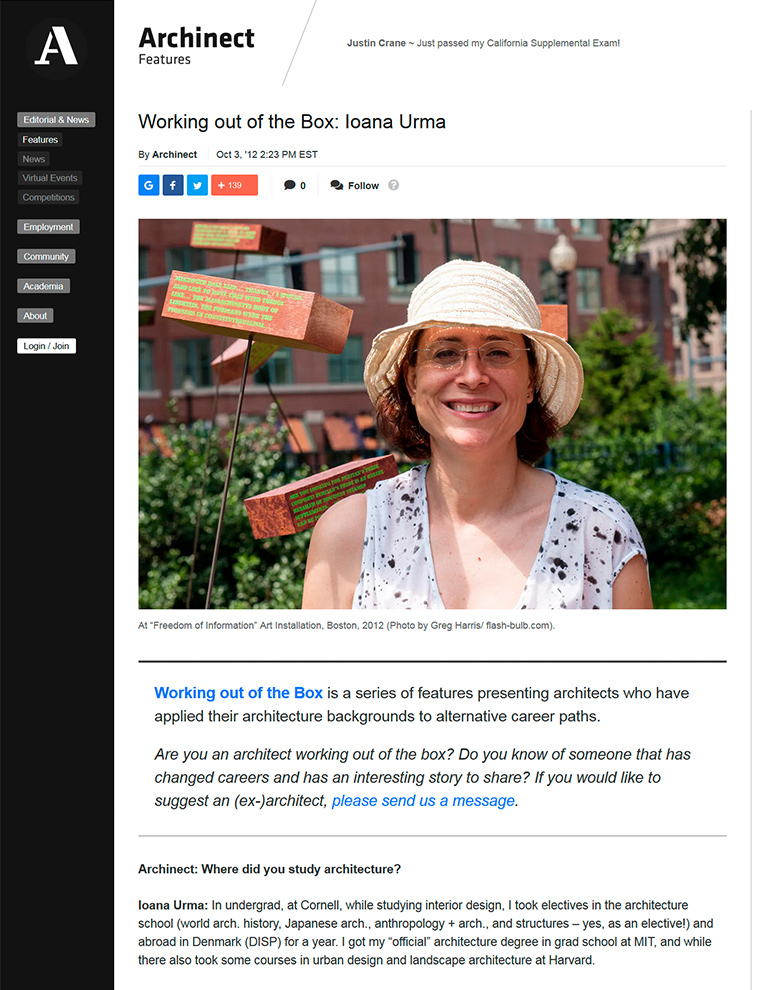 Archinect interview entitled “Working Out of the Box: Ioana Urma”.