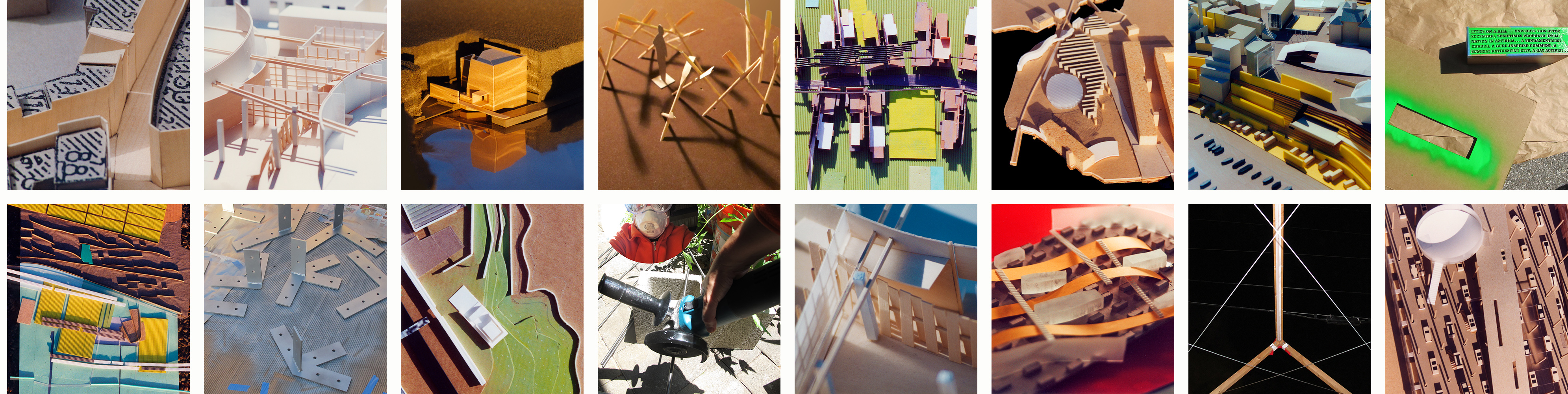 a grid of photos of colorful architectural models, some very abstract, and some photos of making/building larger things