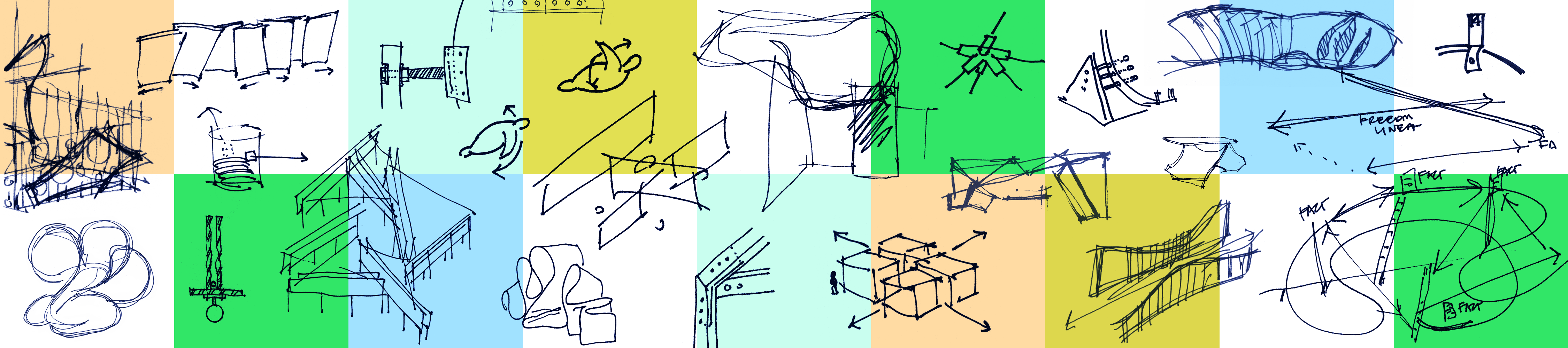 sketches of project ideas and development, both overall massing and details, overlaid on a colorful geometric background