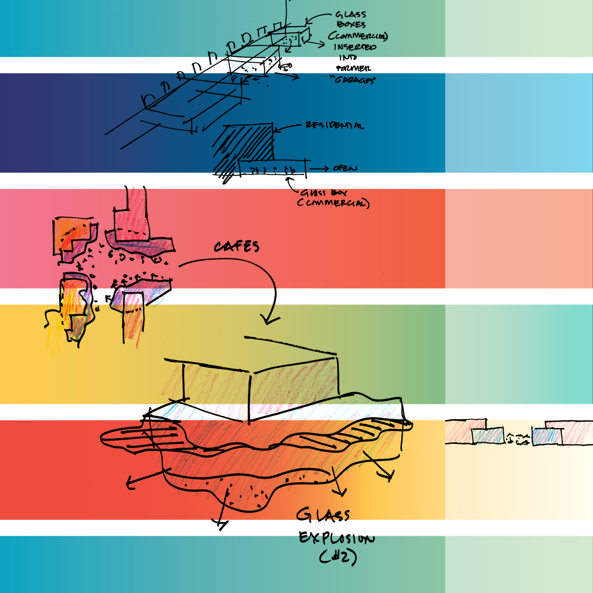 loose marker skeches of cafes and entertainment programs, overlapped over horizontal bands of color