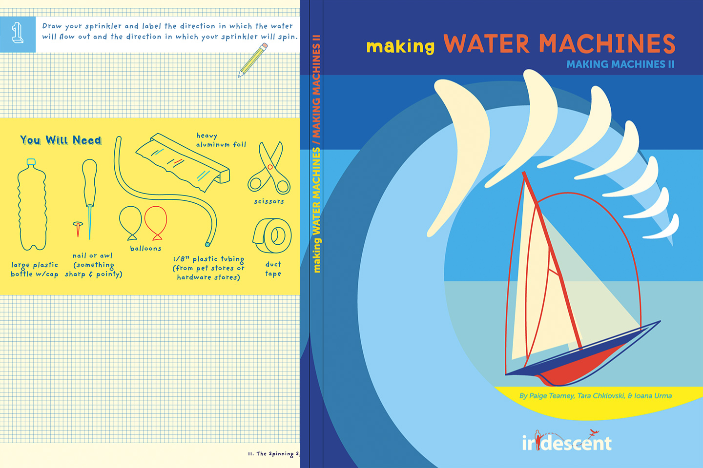 Front cover of Making Water Machines book, in blues, with abstract cartoon boats and waves, and part of a sample of interior pages, cream colored graph paper and line drawings of household materials for experiments on a yellow background.