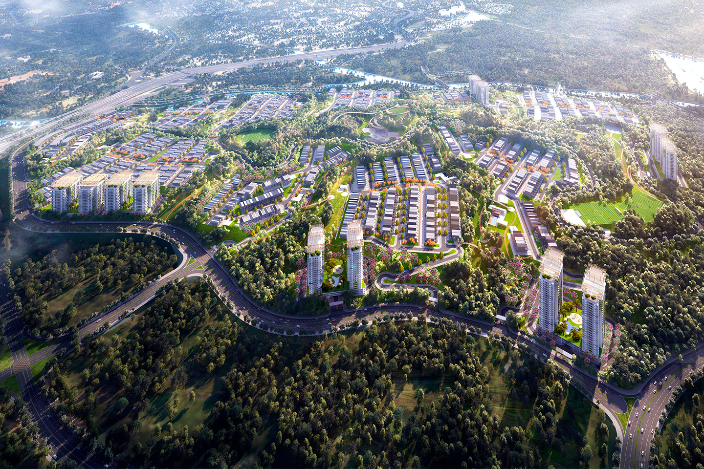 Aerial rendering of a very lush green hill with residences all over it, typically semi-detached or row houses, 
                                                            layed out along the twisted contours.