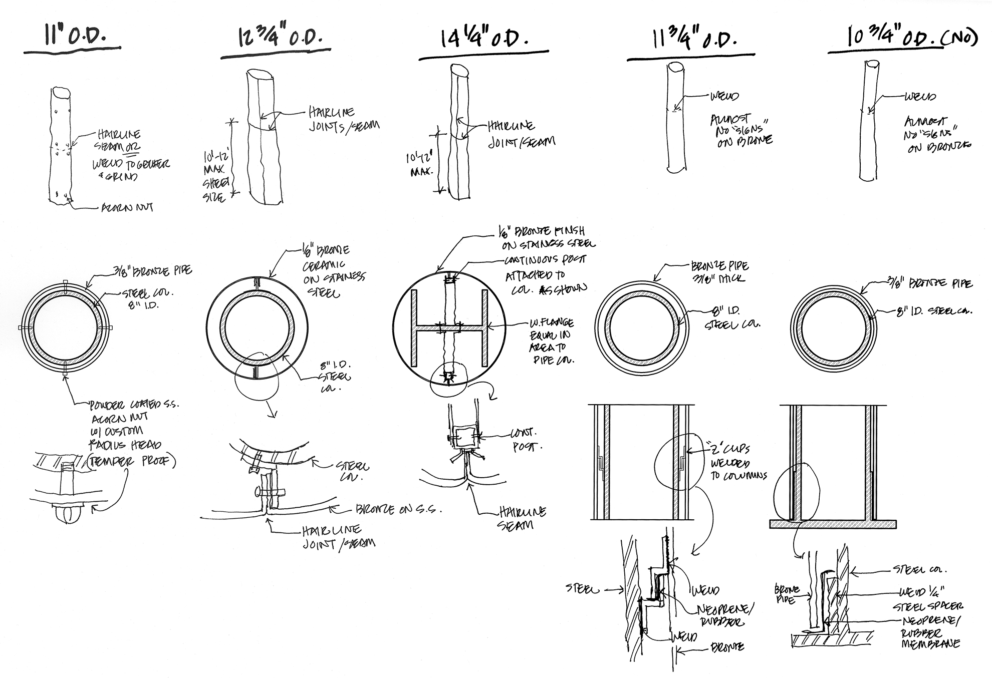 Sketches of various options of covering the steel columns in bronze, showing assembly details and overall circumference dimensions.