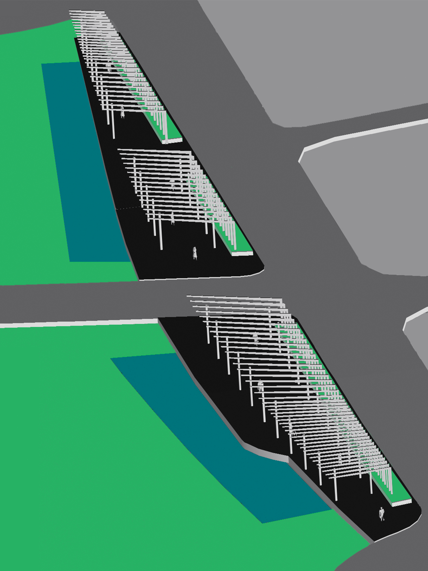 Working 3D model of the three pergolas shows how they grow toward the middle of the park, and shrink toward the outer edges.