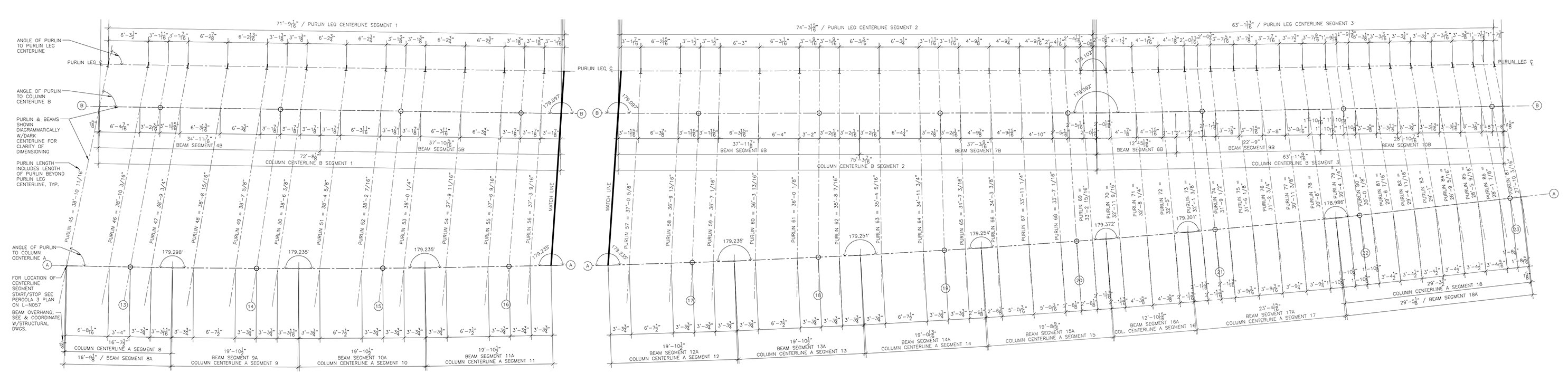 Construction plan of geometry of large pergola which fans out as it curves.