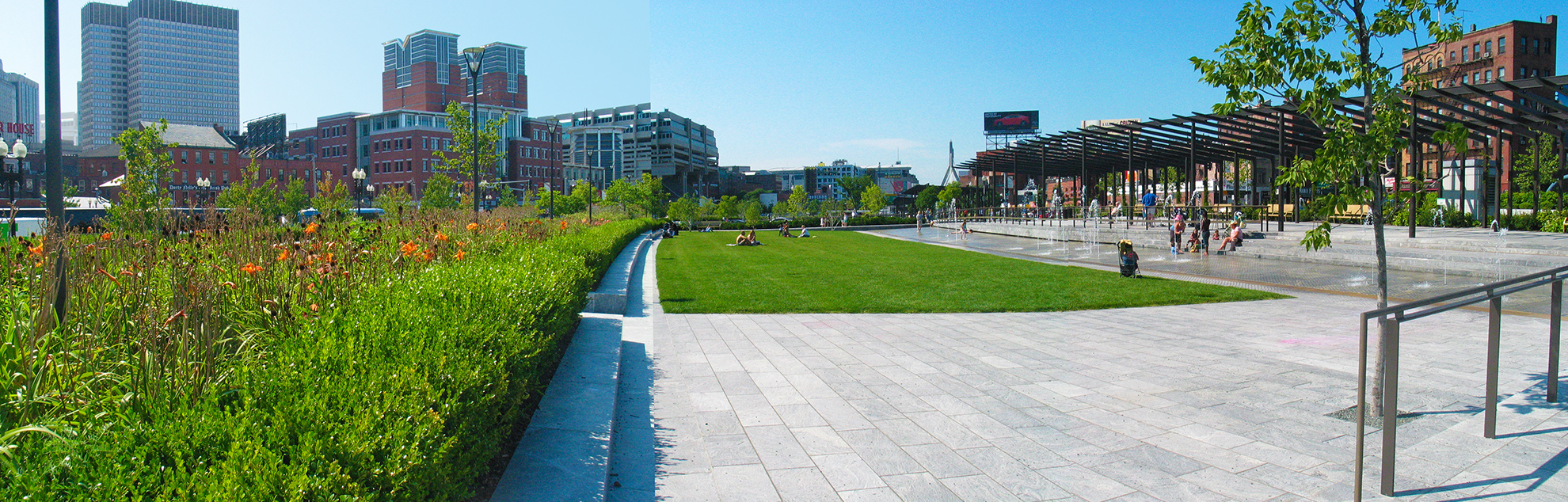 Photo-collage of the park in cross-section, going from the planted beds on the left, to the grassy fields and walk-in fountain in the center, 
                                                            to the brown painted steel pergolas on the elevated stone podium on the right.