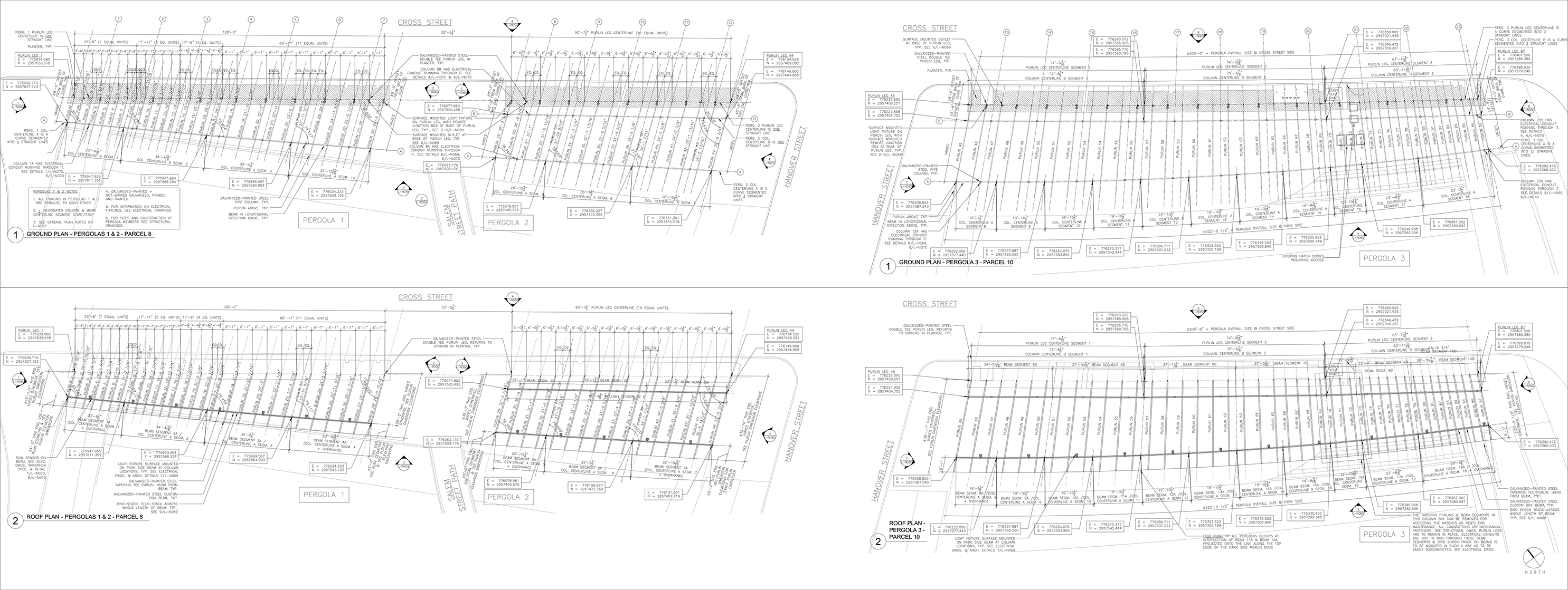Construction plans of all three steel pergolas showing how they taper down in plan from the center of the parks out,
                                                        how the large pergola covering the southern parcel curves in plan, and how the rhythm of the purlins becoming more dense away from the center of the park. 