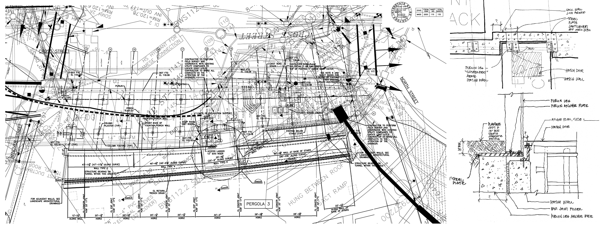 On the left: Foundation plan of the big curved steel pergola, showing the insane amount of mechanical things below grade that the pergolas had to contend with and be designed around.
                                                                On the right: A hand-drawn detail section sketch of the cantilever support structure for purlins sitting above an access panel.