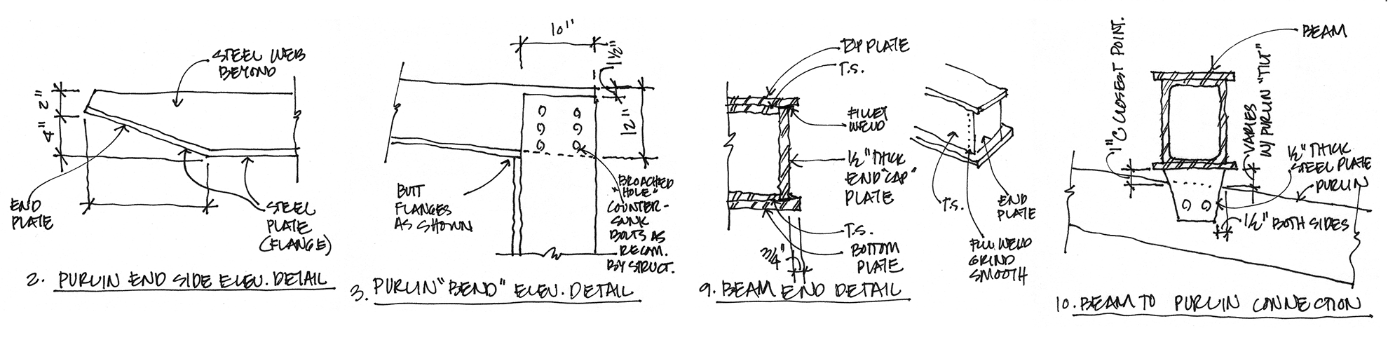 Sketches of architectural details of the pergola&rsquo;s construction, showing steel connections and electrical wiring.