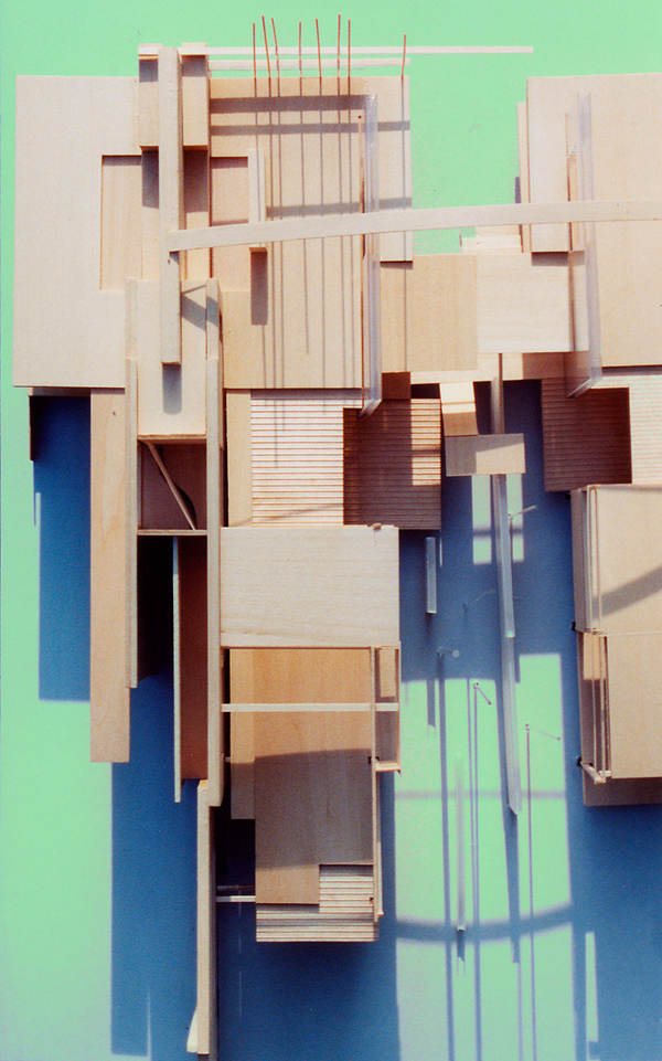 wood model of housing units, proposed urban development over former salt marshes, Oshio, Japan