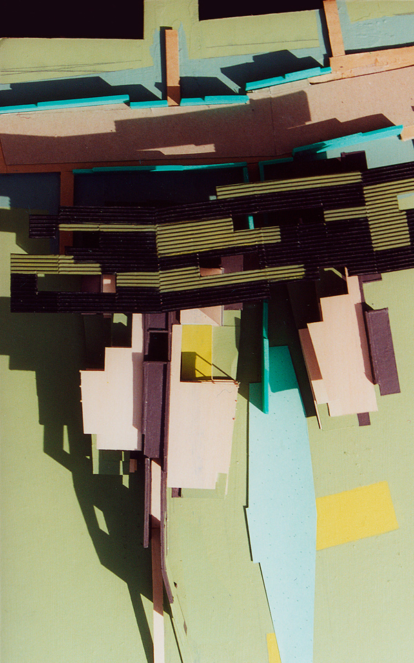 wood and painted cardboard model of housing units, proposed urban development over former salt marshes, Oshio, Japan