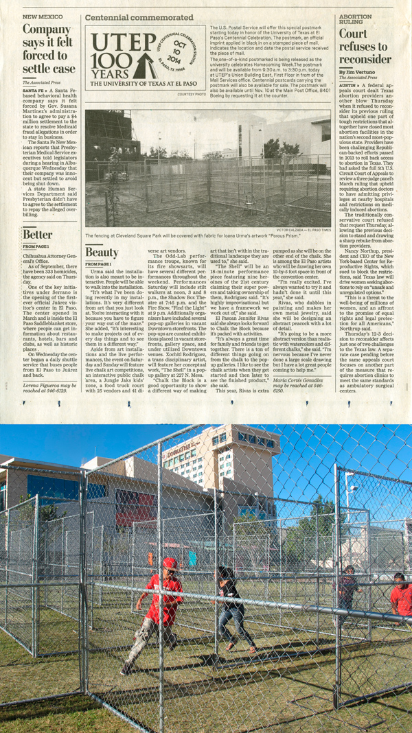 El Paso Times article on Ioana Urma›s project continued, with photo below of teenagers running through fence maze without fabric yet installed