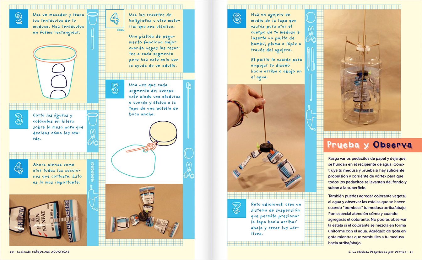 Pages 50-51, Chapter 6 in Spanish: La Medusa Propulsada por V&oacute;rtice, step by step instructions on how to build the experiment model, with some photograph examples, all in Spanish.