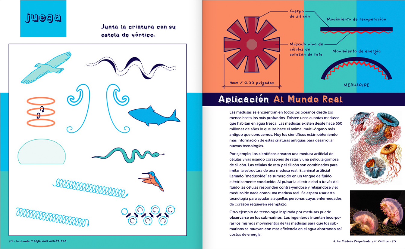 Pages 52-53, Chapter 6 in Spanish: La Medusa Propulsada por V&oacute;rtice, on the left page, a game of matching the animal with its vortex wake,
            and on the right page text on real world examples, a diagram of an artificial muscle called a medusoid, and photographs of jellyfish, all in Spanish.