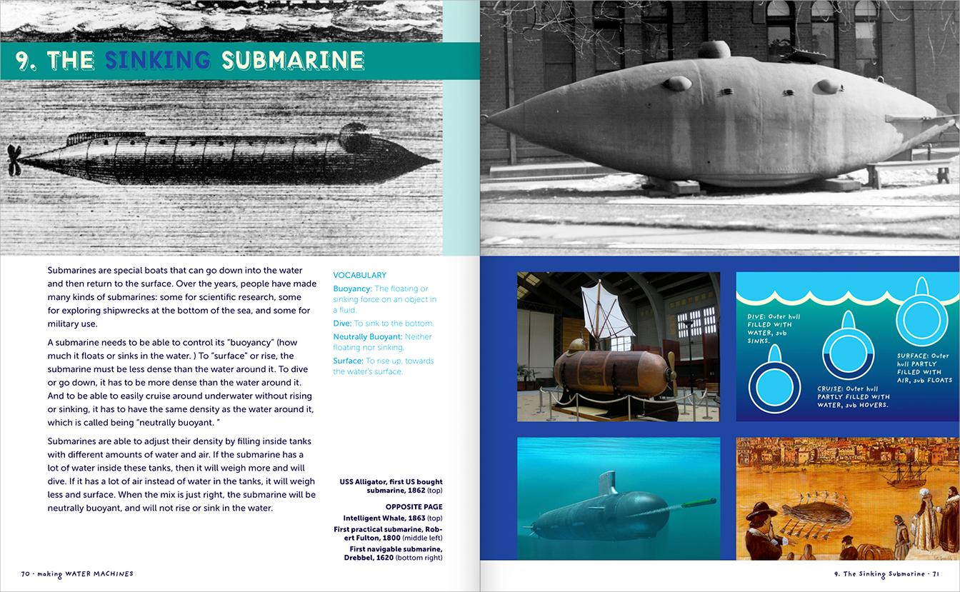 Pages 70-71, first pages of Chapter 9: The Sinking Submarine, with text, photographs describing submarines, 
                related vocabulary, and a diagram showing submarines sink, and photographs of many historic examples.