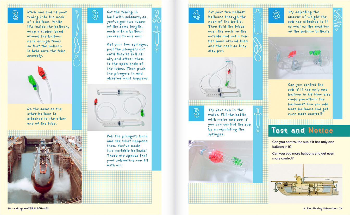 Pages 74-75, Chapter 9: The Sinking Submarine, step by step instructions on how to build the experiment model, with some photograph experiment and submarine examples.