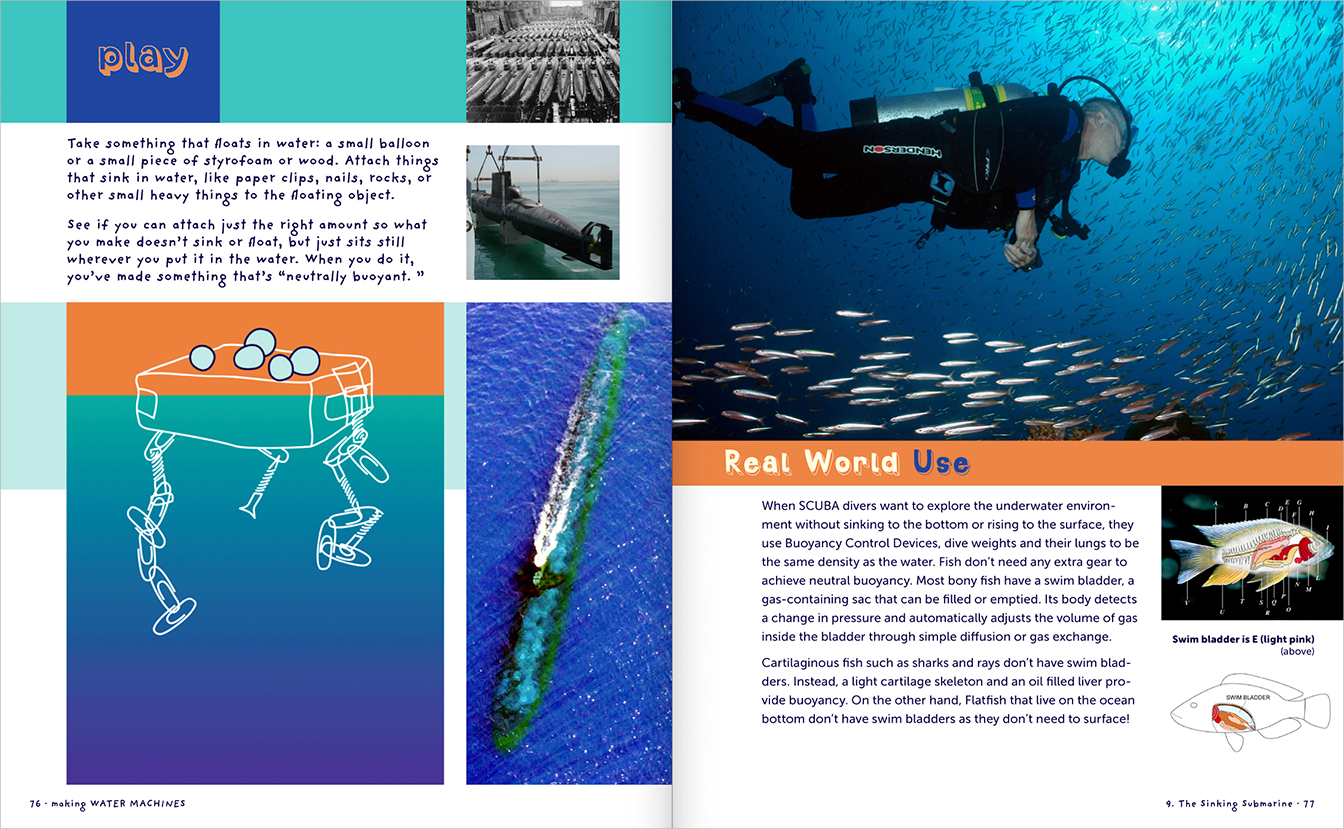 Pages 76-77 Chapter 9: The Sinking Submarine, on the left page an experiment demonstrating buoyancy, accompanied by a sketchy diagram and photos of submarines, 
                    and on the right side text describing real world examples with diagrams of fish swim bladders and a photo of a scuba diver.