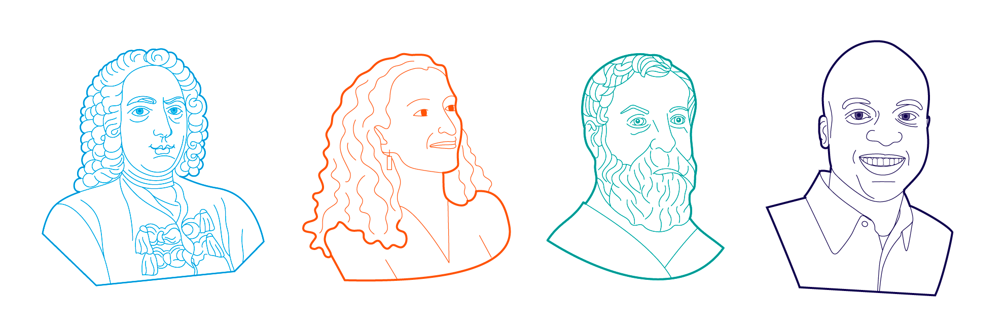 Line drawn portraits of scientists Daniel Bernoulli in aqua, Sheila Patek in orange, Hero of Alexandria in green, and John Dabiri in indigo.