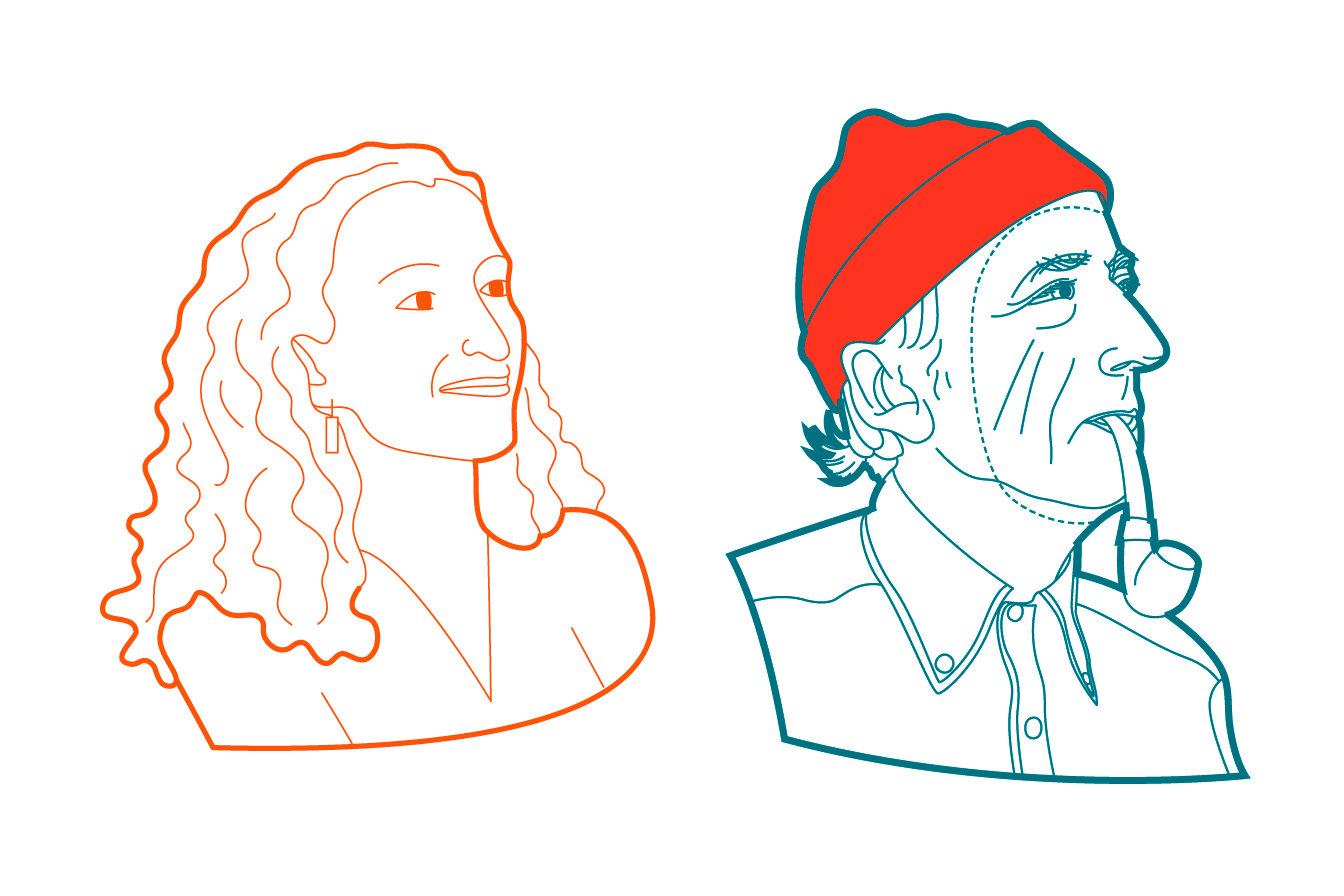 Line drawn portraits of scientists Sheila Patek in orange and Jacques Cousteau in green lines with a red cap on.