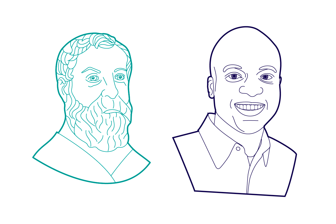 Line drawn portraits of scientists Hero of Alexandria in green and John Dabiri in indigo.