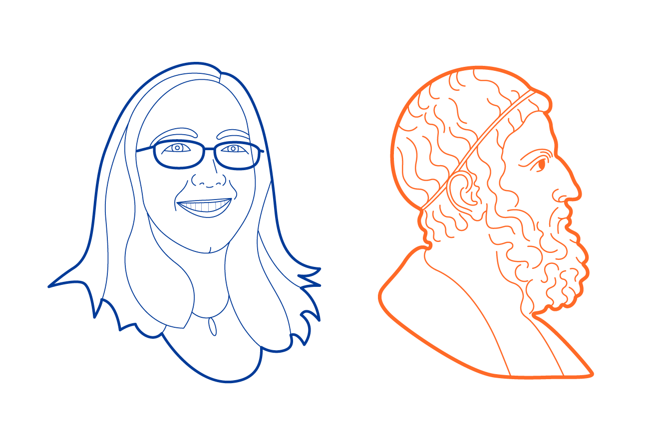 Line drawn portraits of scientists Alexandra Techet in dark blue and Archimedes in orange.
