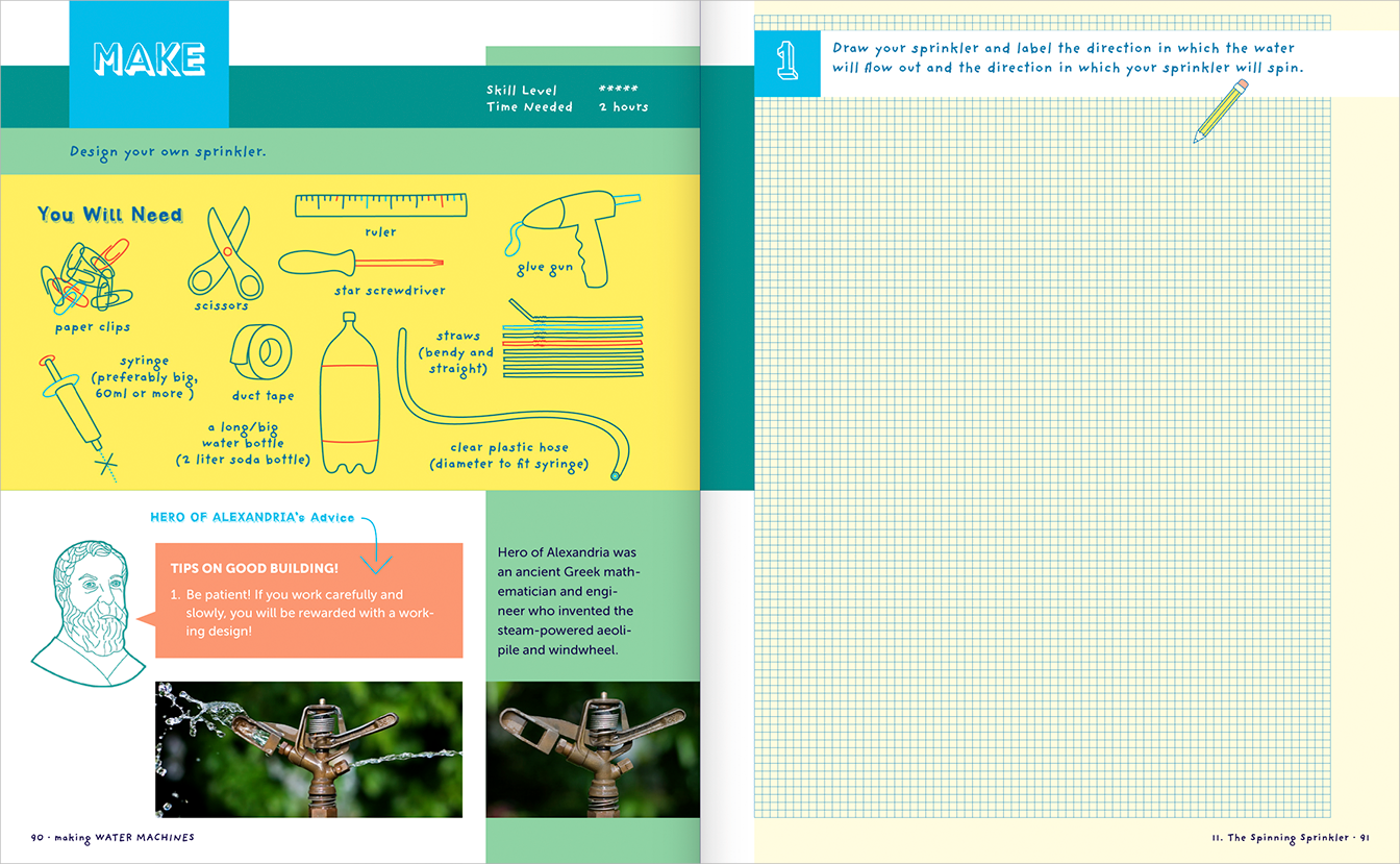 Pages 90-91, Chapter 11: The Spinning Sprinkler, showing on the left page the household materials needed to MAKE the experiment such as
                    (scissors, straws, paper clips, tape, an empty water bottle, etc. drawn as line-based illustrations) and how long it will take, with helpful advice from scientist Hero of Alexandria, 
                    and on the right, a cream-colored graph page for sketching with instructions to draw.