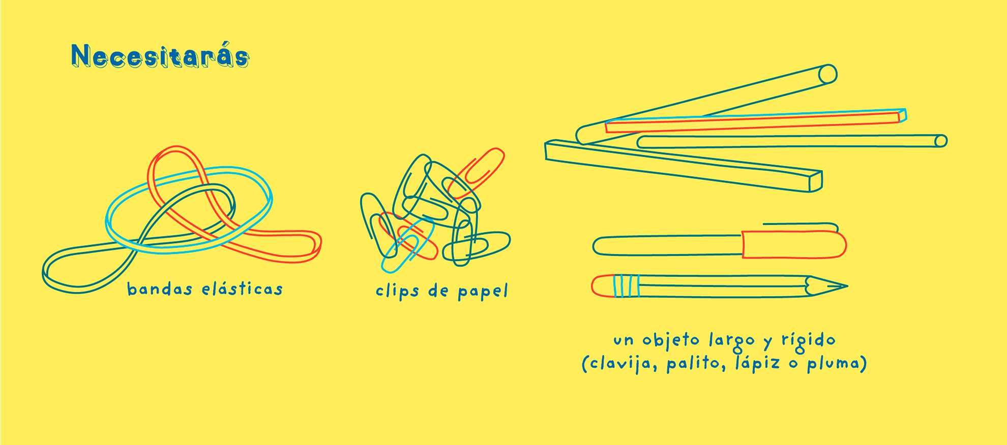 Line drawing of the household materials needed for an experiment with text in Spanish: 
                rubber bands (bandas el&aacute;sticas), paper clips (clips de papel), and various sticks (un objecto largo y r&iacute;gido)