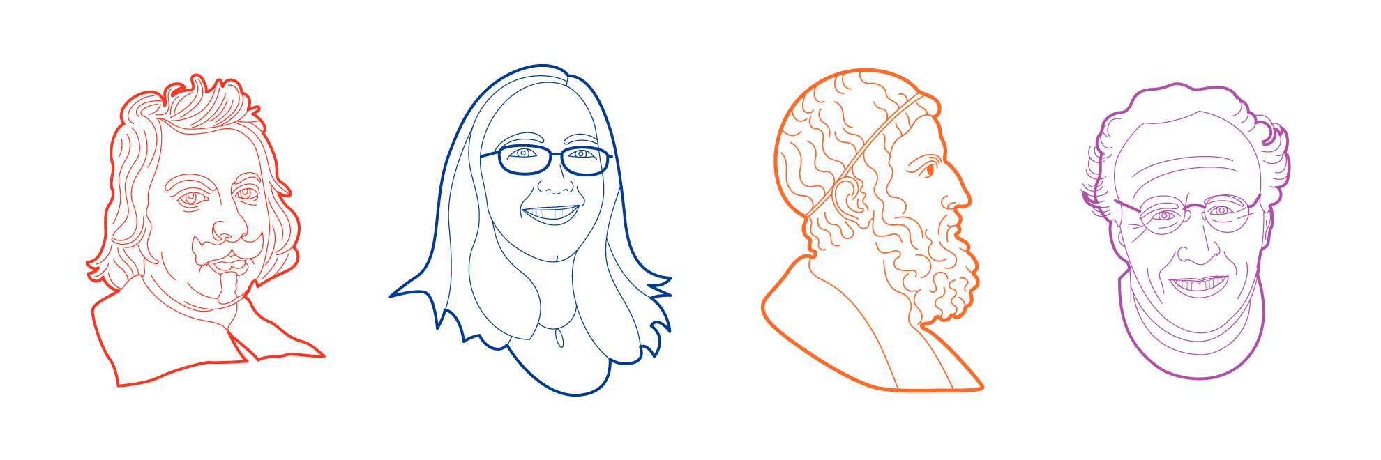 Line drawn portraits of scientists Evangelista Torricelli in red orange, Alexandra Techet in dark blue, Archimedes in orange, and Roger Hanlon in purple.